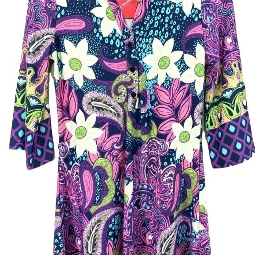 Hot Mama Multicolor Floral Blouse Size S 3/4 Sleeve - Picture 4 of 11